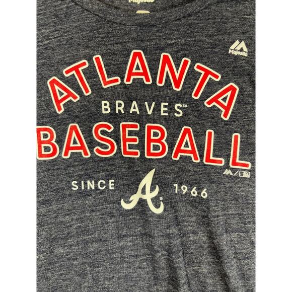 Majestic Atlanta Braves Women's Baseball T-Shirt Large Navy Striped Sleeves - Picture 5 of 7